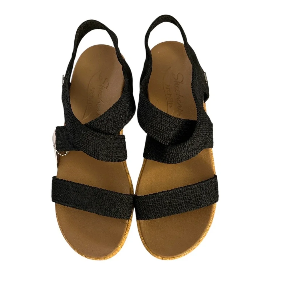 Skechers Black Elastic Strap Cork Wedge Sandals